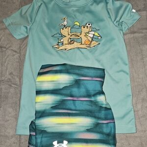 Under Armour Kids Teal Rashguard Swim Set with Multicolor Bottoms